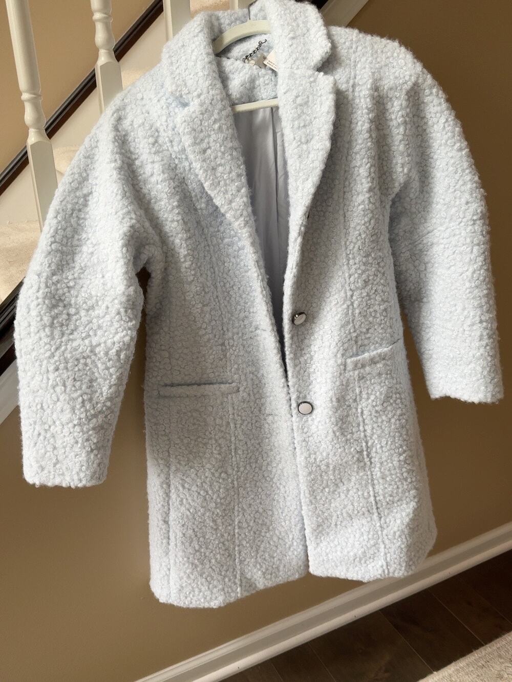 NWT women Anthropologie Maeve Tailored Boucle Coat XS Soft Sky Blue Hemmed 36”